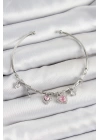 BFS Pirinç Zirkon Taşlı Pembe Kalp Model Gümüş Renk Charm Bileklik