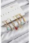 BFS Pirinç Zirkon Taşlı Sallantılı Model Gold Renk 6lı Küpe Set
