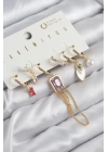 BFS Pirinç Zirkon Taşlı Sallantılı Ve İncili Gold Renk 6lı Küpe Set