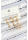 BFS Pirinç Zirkon Taşlı Yıldız Model Gold Renk 3lü Çift Kadın Küpe Set