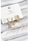 BFS Pirinç Zİrkon Taşlı Yıldız Model Gold Renk 3lü Kadın Küpe