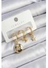 BFS Pirinç Zirkon Taşlı Yıldız Ve Ay Model Gold Renk 3lü Çift Kadın Küpe Set