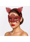 BFS Romantik Kırmızı Dantel Maske Seti – Kedi Kulaklı Taç Ve Maske 3 No