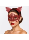 BFS  Romantik Kırmızı Dantel Maske Seti – Kedi Kulaklı Taç ve Maske 3 No