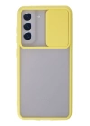 BFS  Samsung Galaxy S21 FE Kılıf Palm Buzlu Kamera Sürgülü Silikon - Sarı
