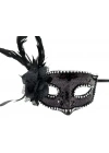 BFS     Siyah Renk Yandan Tüylü Güllü Gümüş Taşlı Pullu Maske 20x22 cm