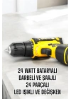 Çift Bataryalı Metal Dişli Darbeli Şarjlı Matkap Seti 24W Güç ve 24 Parça Aksesuar