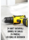 Çift Bataryalı Metal Dişli Darbeli Şarjlı Matkap Seti 24W Güç ve 24 Parça Aksesuar