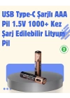USB Type-C Şarjlı AAA Lityum Pil | 1.5V Sabit Voltaj, 1000+ Şarj Döngüsü ile Uzun Ömür