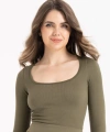 Kadın Dikişsiz Örme Fitilli Uzun Kollu Kare Yaka Crop Bluz 9010