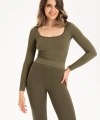 Kadın Dikişsiz Örme Fitilli Uzun Kollu Kare Yaka Crop Bluz 9010