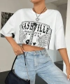 Kadın Gitar Baskılı Oversize Crop T-shirt