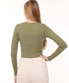 Kadın Haki Kare Yaka Uzun Kollu Fitilli Örme Crop Bluz