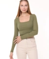 Kadın Haki Kare Yaka Uzun Kollu Fitilli Örme Crop Bluz