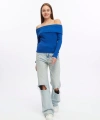 Kadın Mavi Madonna Yaka Triko Kazak