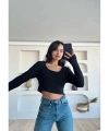 Kare Yaka Uzun Kollu Crop Bluz, Parmak Geçmeli
