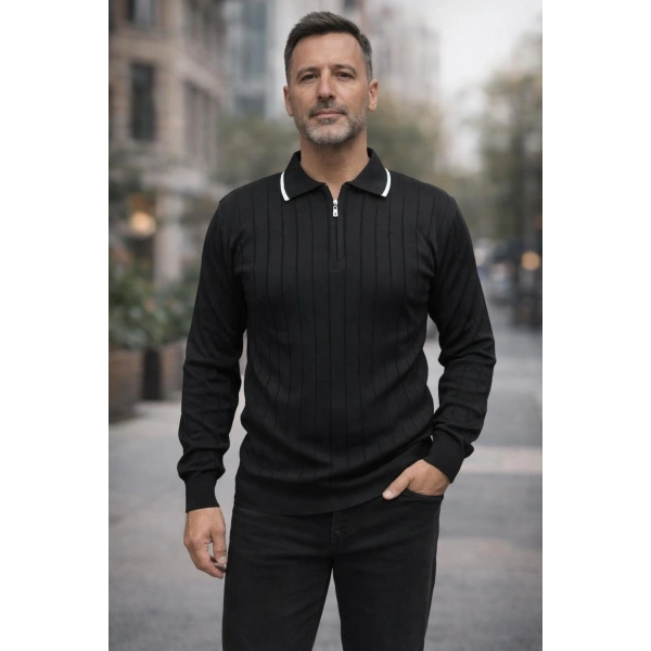 Erkek Çizgili Polo Yaka Fermuarlı Sweatshirt