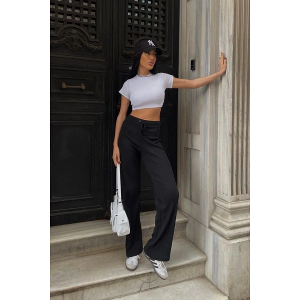 İspanyol Paça Fitilli Bağcıklı Pantolon Siyah