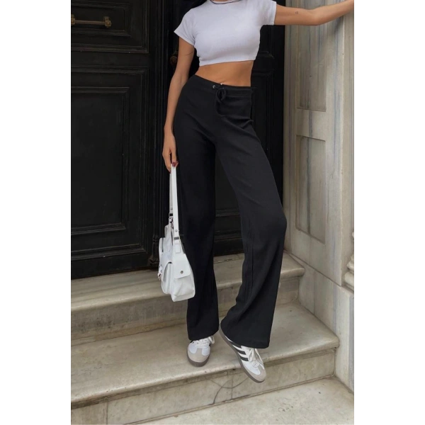 İspanyol Paça Fitilli Bağcıklı Pantolon Siyah