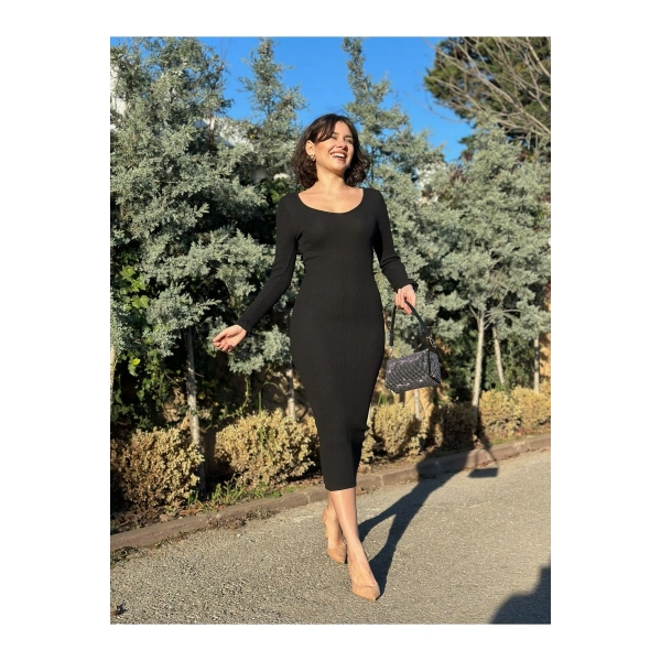 Kadın Fitilli Basic Uzun Kollu Siyah Triko Elbise