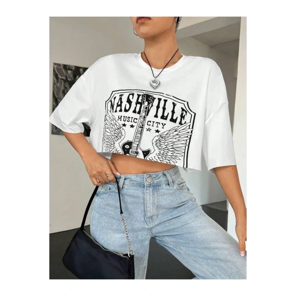 Kadın Gitar Baskılı Oversize Crop T-shirt