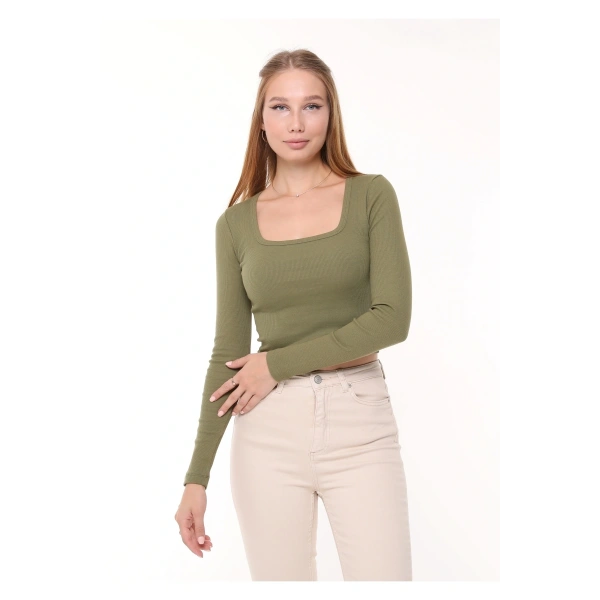 Kadın Haki Kare Yaka Uzun Kollu Fitilli Örme Crop Bluz