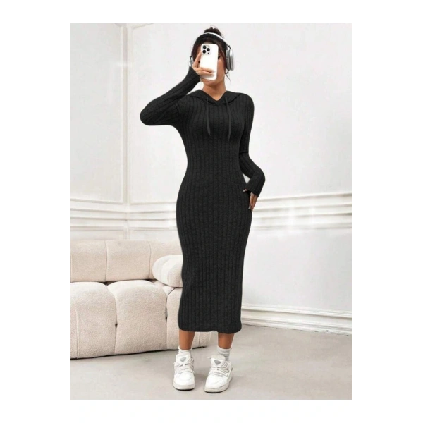 Kadın Kaşkorse Kumaş Kapüşonlu Maxi Boy Elbise