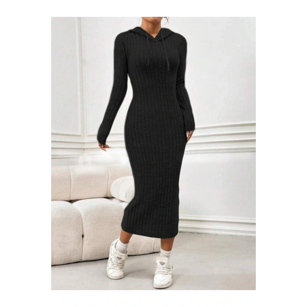 Kadın Kaşkorse Kumaş Kapüşonlu Maxi Boy Elbise