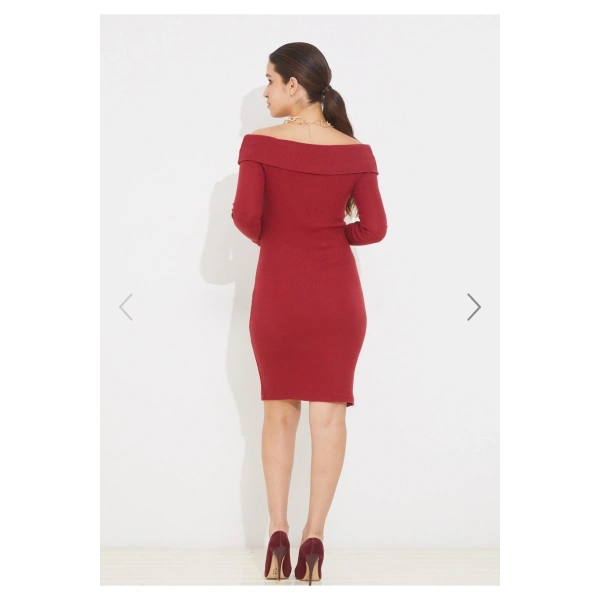 Kadın Madonna Yaka Bordo Kaşkorse Kısa Elbise