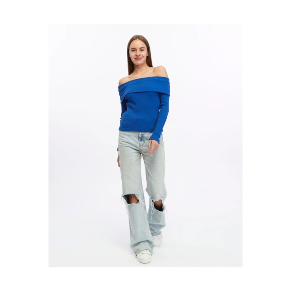 Kadın Mavi Madonna Yaka Triko Kazak