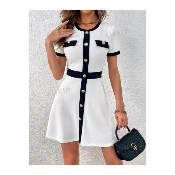 Kadın Şerit Ve Düğme Detay Yakalı Mini Elbise