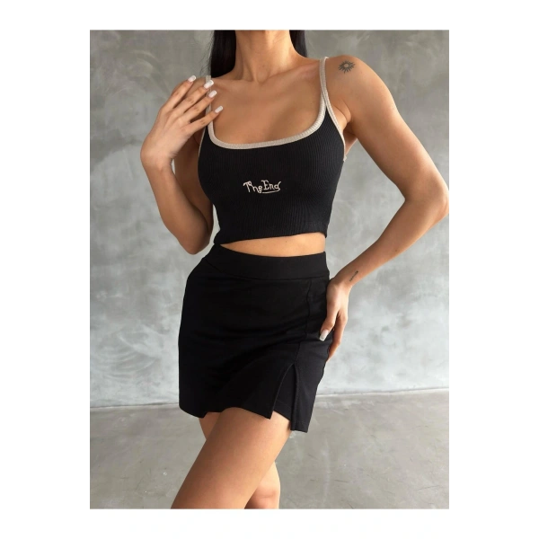 Kadın Siyah -beyaz 2li  Kaşkorse İnce Askılı Crop Bluz