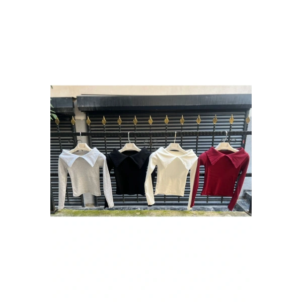 Kadın Siyah Carmen Yaka Fitilli Örme Bluz