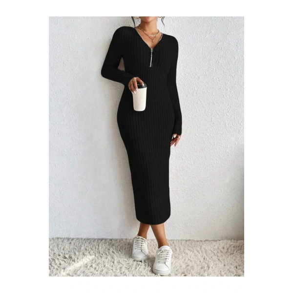 Kadın Siyah Fitilli Oversize Triko Elbise