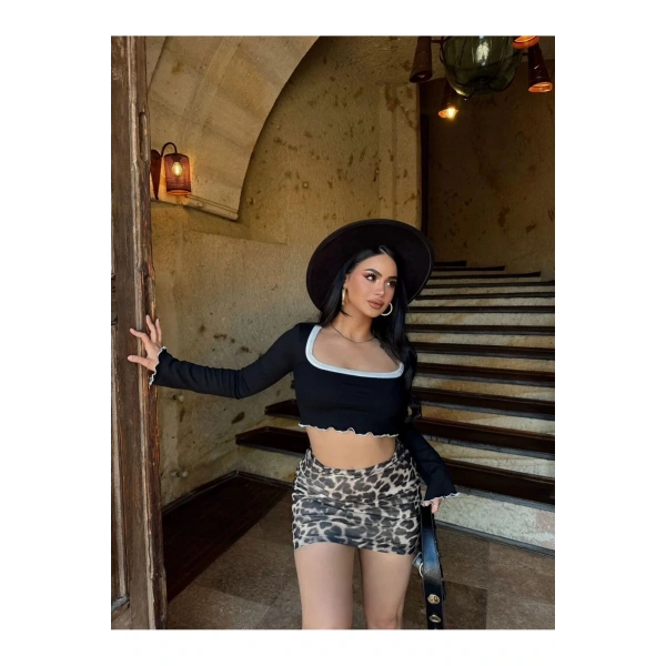 Kare Yaka Fitilli Kaşkorse Crop Uzun Kollu Bluz