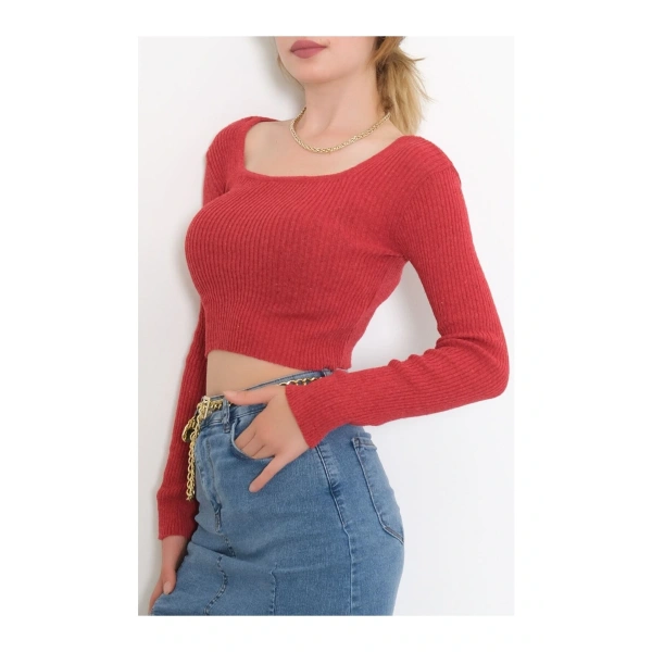 Kare Yaka Uzun Kollu Crop Bluz, Parmak Geçmeli