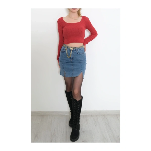 Kare Yaka Uzun Kollu Crop Bluz, Parmak Geçmeli