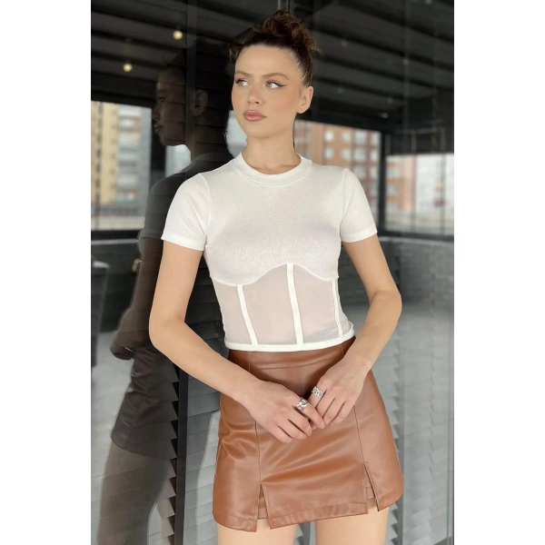 Krem Kadın Bisiklet Yaka Tüllü Kaşkorse Bluz