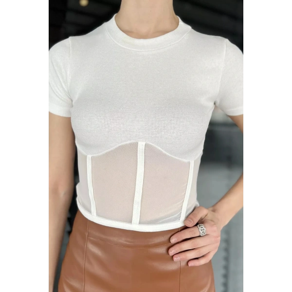 Krem Kadın Bisiklet Yaka Tüllü Kaşkorse Bluz