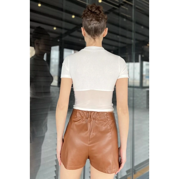 Krem Kadın Bisiklet Yaka Tüllü Kaşkorse Bluz