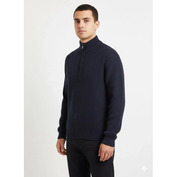 Lacivert Yarım Fermuarlı Triko Kazak