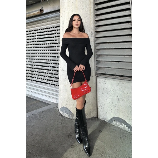 Madonna Yaka Şardonlu Triko Kısa Elbise