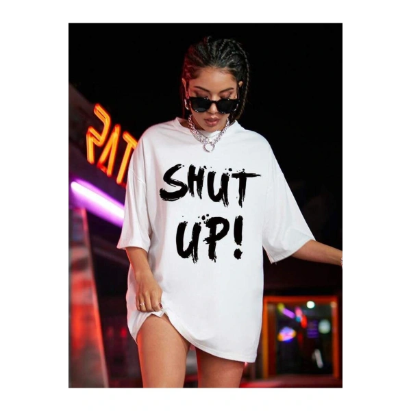 Shut Up Baskılı Oversize Kalıp Unisex T-shirt -beyaz