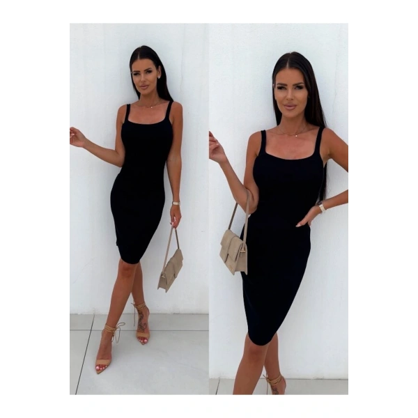 Siyah Askılı Elbise Kaşkorse Diz Üstü