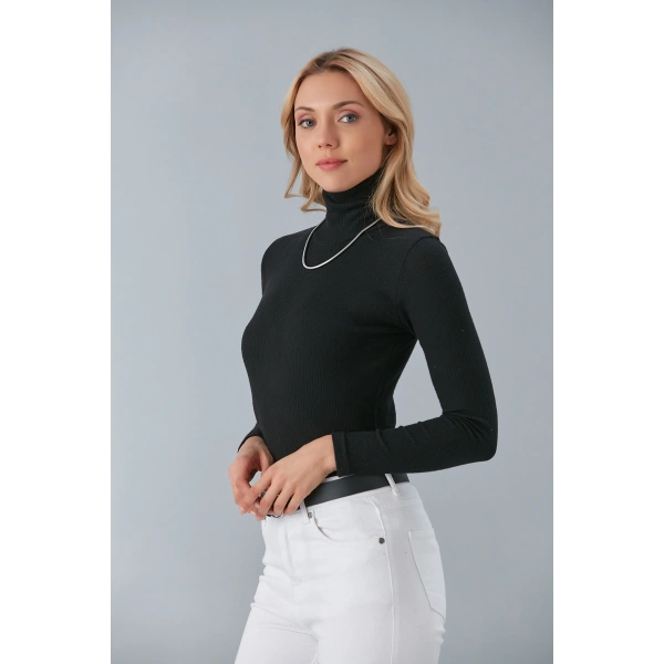 Siyah  Balıkçı Yaka Kaşkorse Şardonlu Slimfit Boğazlı Kazak