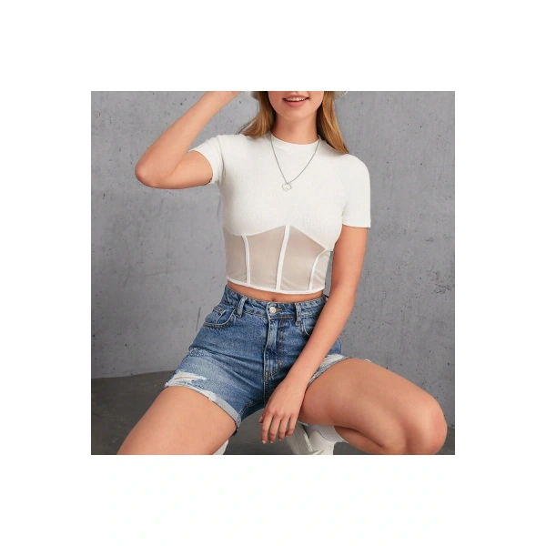 Siyah Tül Detay Likralı Bluz