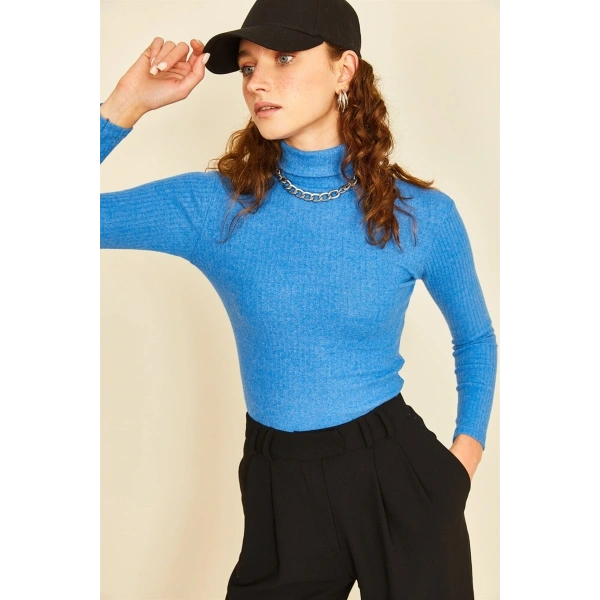 Uzun Kollu Tam Boğazlı Fitilli Body Saks Mavi