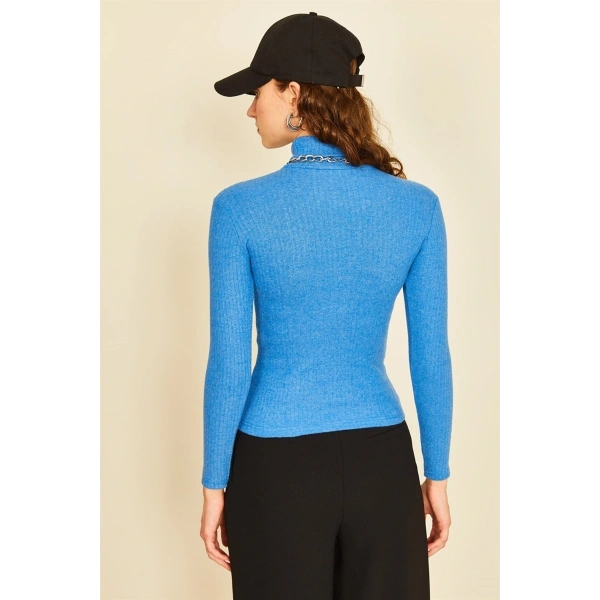 Uzun Kollu Tam Boğazlı Fitilli Body Saks Mavi