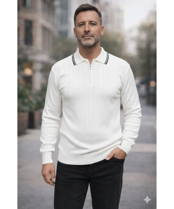 Erkek Çizgili Polo Yaka Fermuarlı Sweatshirt