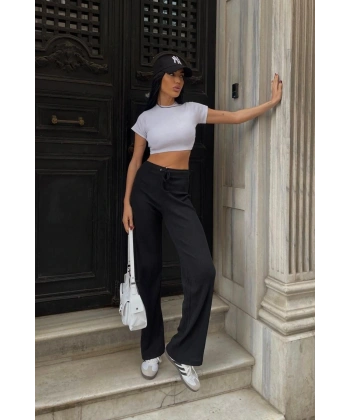 İspanyol Paça Fitilli Bağcıklı Pantolon Siyah